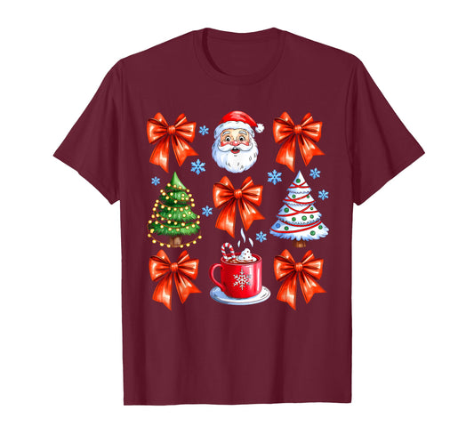 Coquette Bow Santa Christmas Tree Cake Candy Cane Girly Xmas T-Shirt