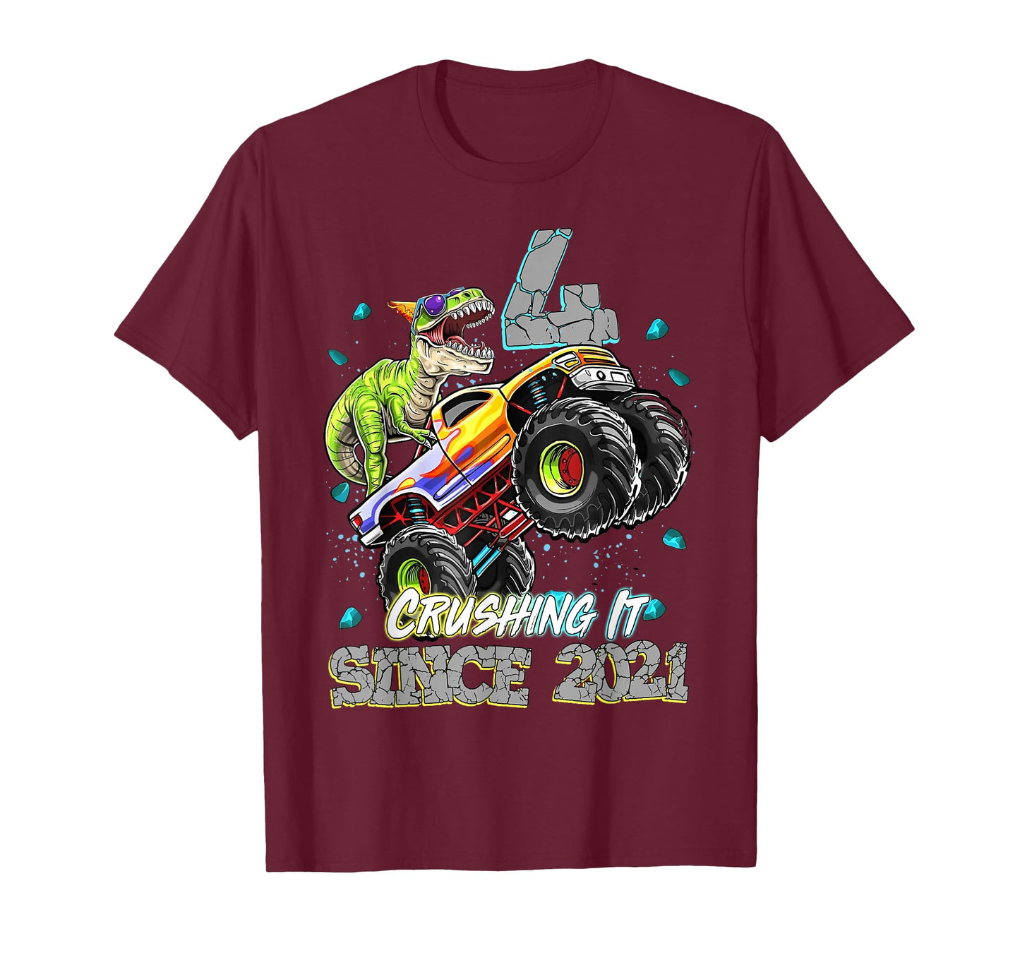 4th Birthday Since 2021 Monster Truck Dinosaur Birthday Boy T-Shirt