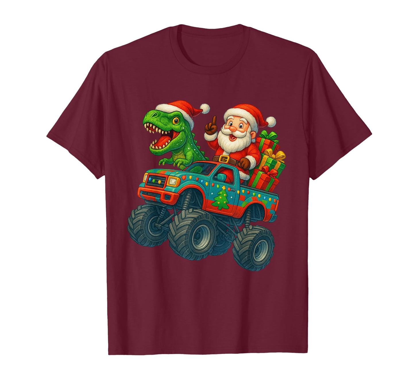 Christmas Monster Truck Santa Trex Dinosaur Dino Boys Kids T-Shirt