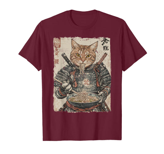 Samurai Cat Loves Ramen Funny Anime Japanese Artwork Samurai T-Shirt