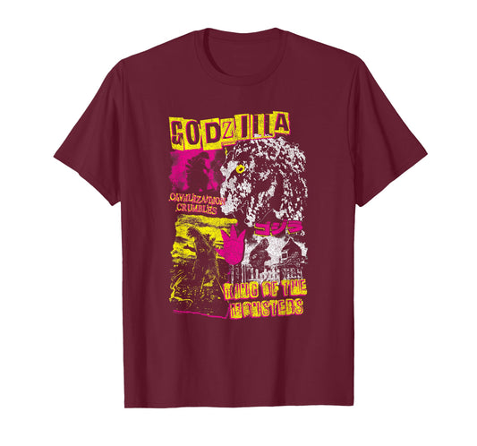 Godzilla Civilization Crumbles Neon Collage Retro Movie T-Shirt