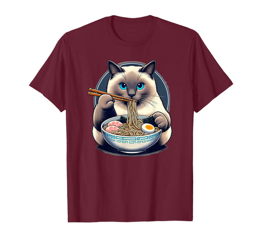 Kawaii Siamese Cat Eating Ramen Japanese Noodles T-Shirt