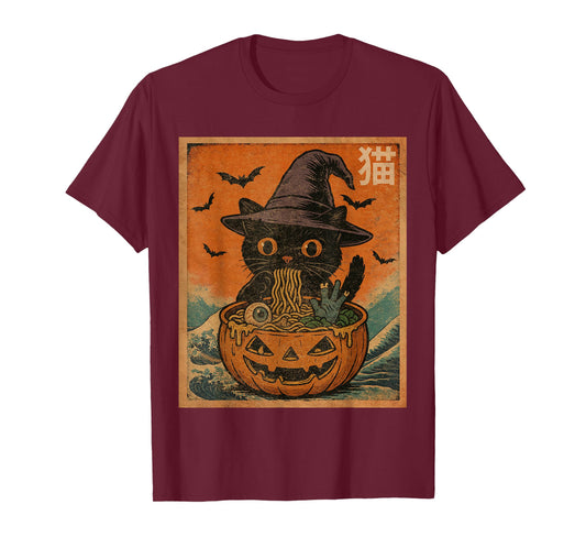 Spooky Black Cat Eating Ramen Japanese Halloween Women Girl T-Shirt