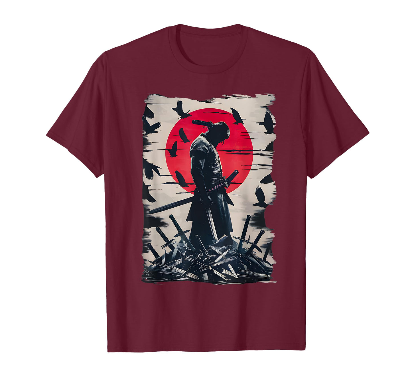 Japanese Anime Art Lone Samurai with Red Sun and Crows T-Shirt