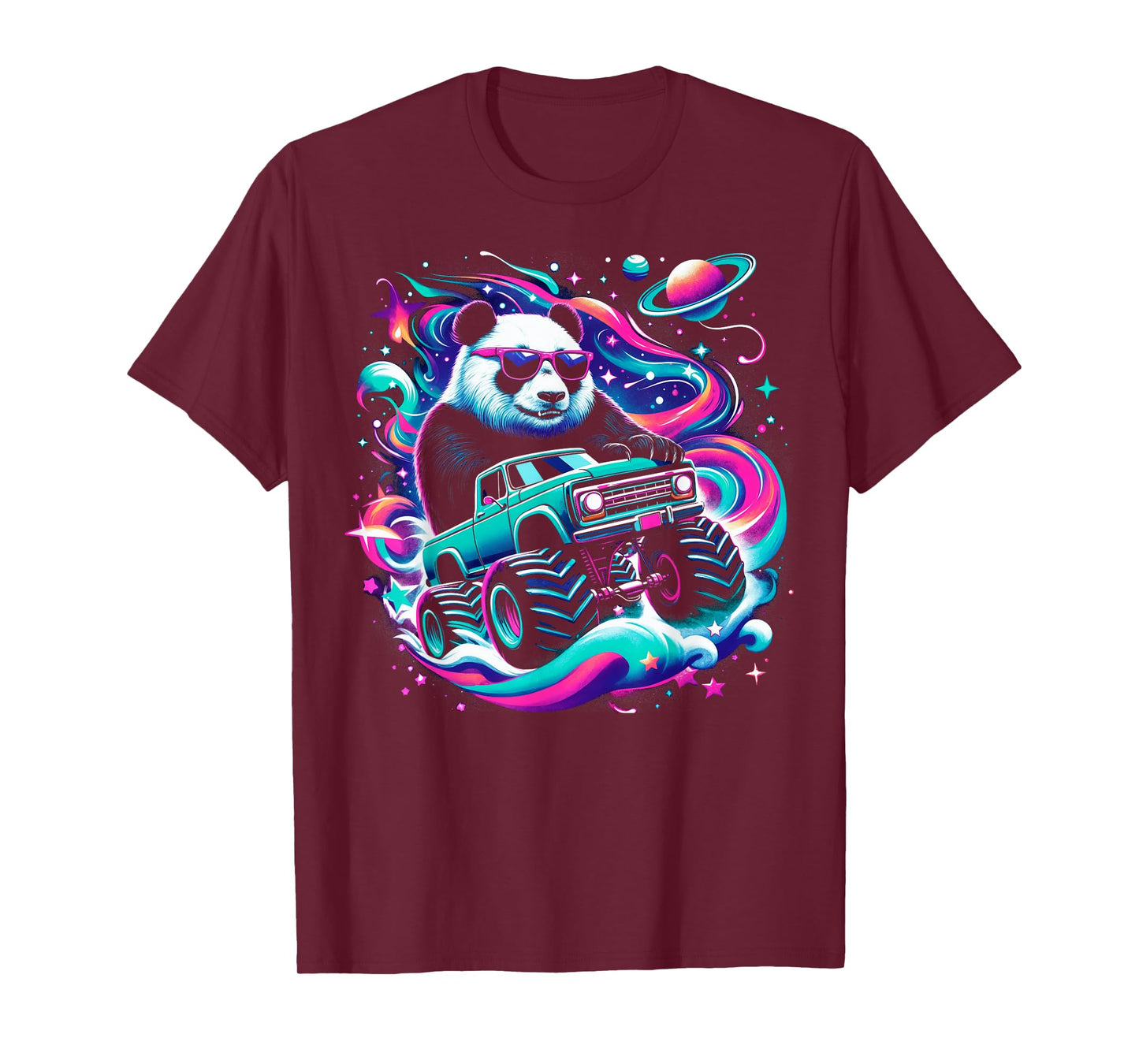 Cool Giant Panda Driving Monster Truck in Cosmic Space T-Shirt