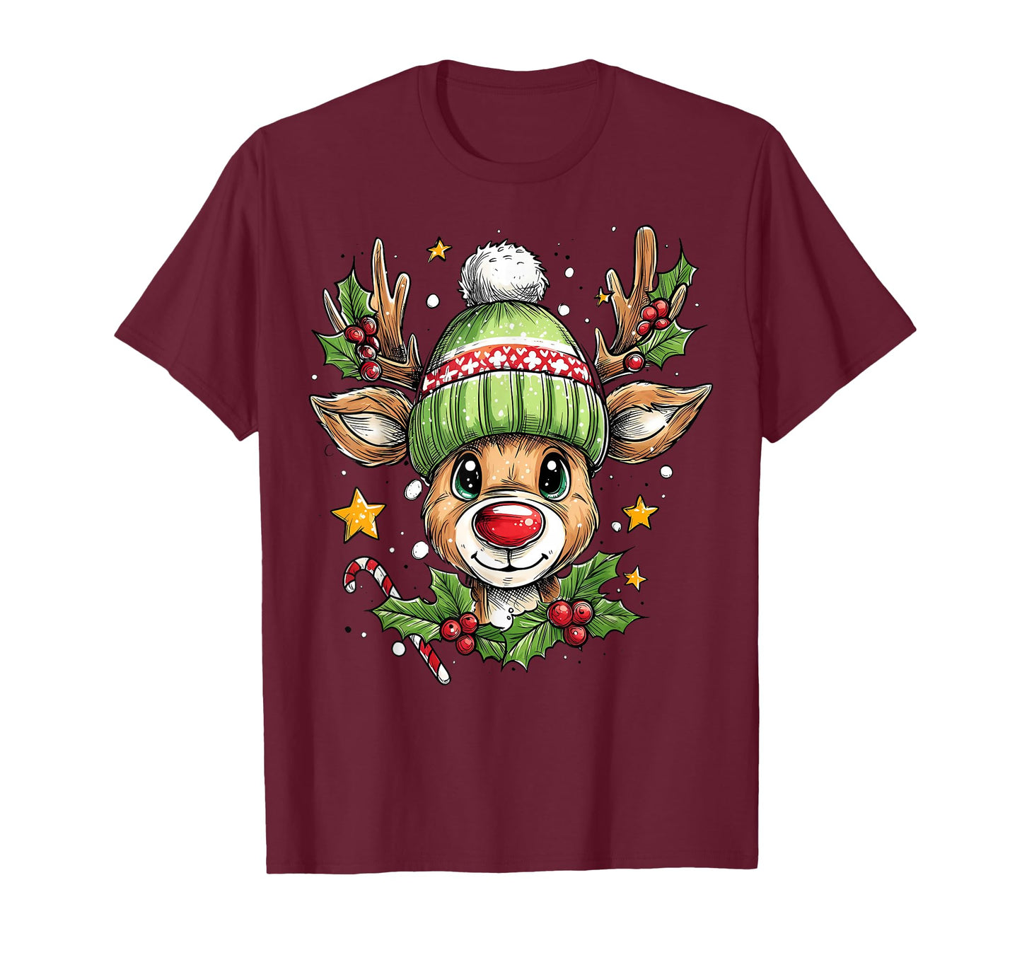 Christmas Reindeer Star Green Candy Holly Berry Xmas Couple T-Shirt