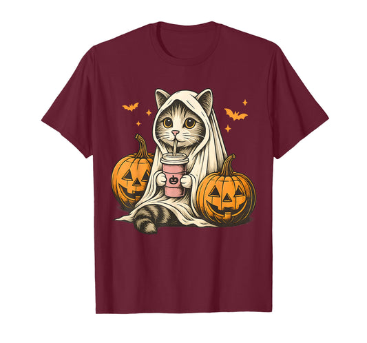Cute Ghost Pumpkin Halloween Cat Costume Cat Lovers T-Shirt