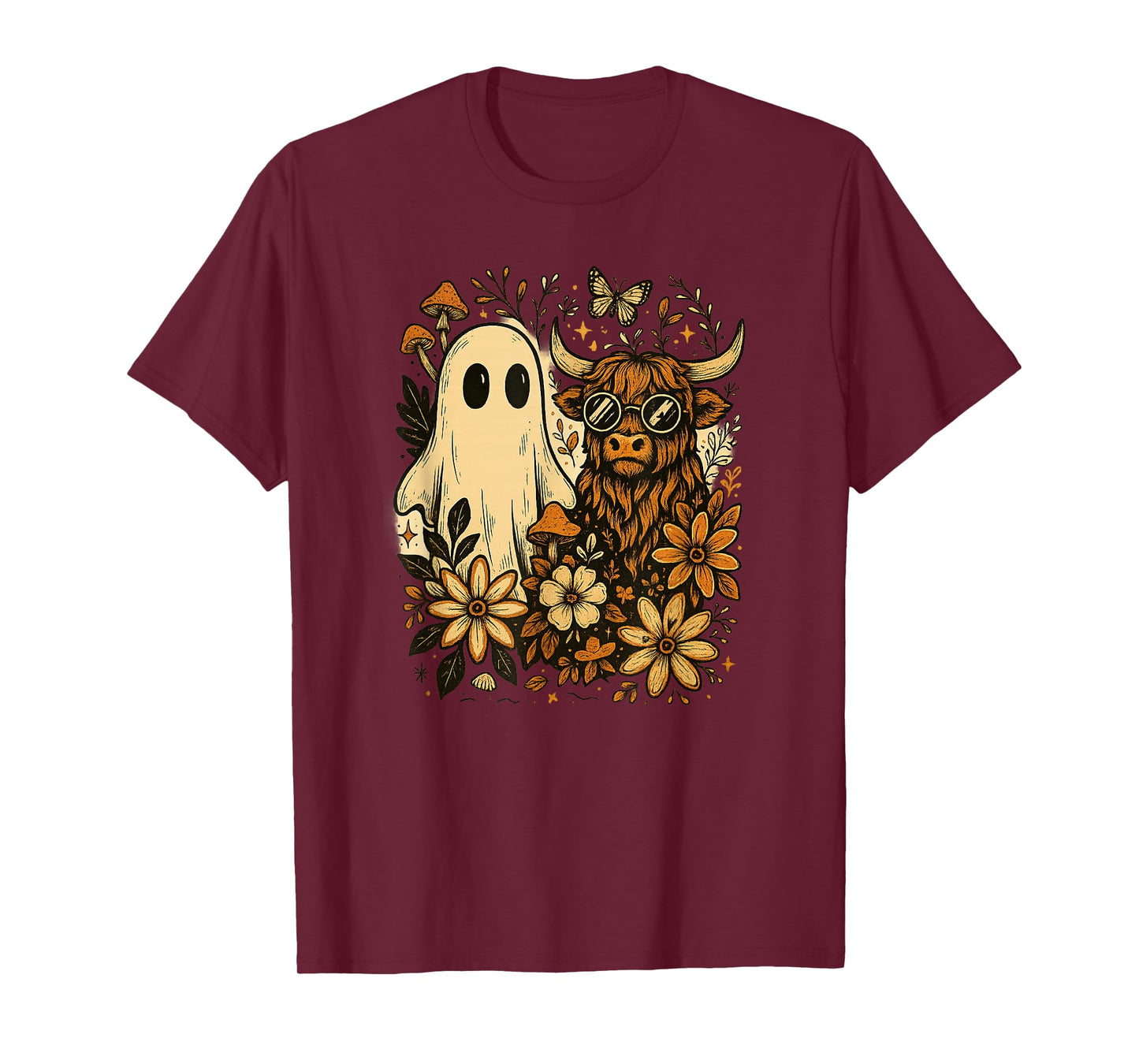 Highland Cow & Ghost Retro Autumn Floral Aesthetic T-Shirt