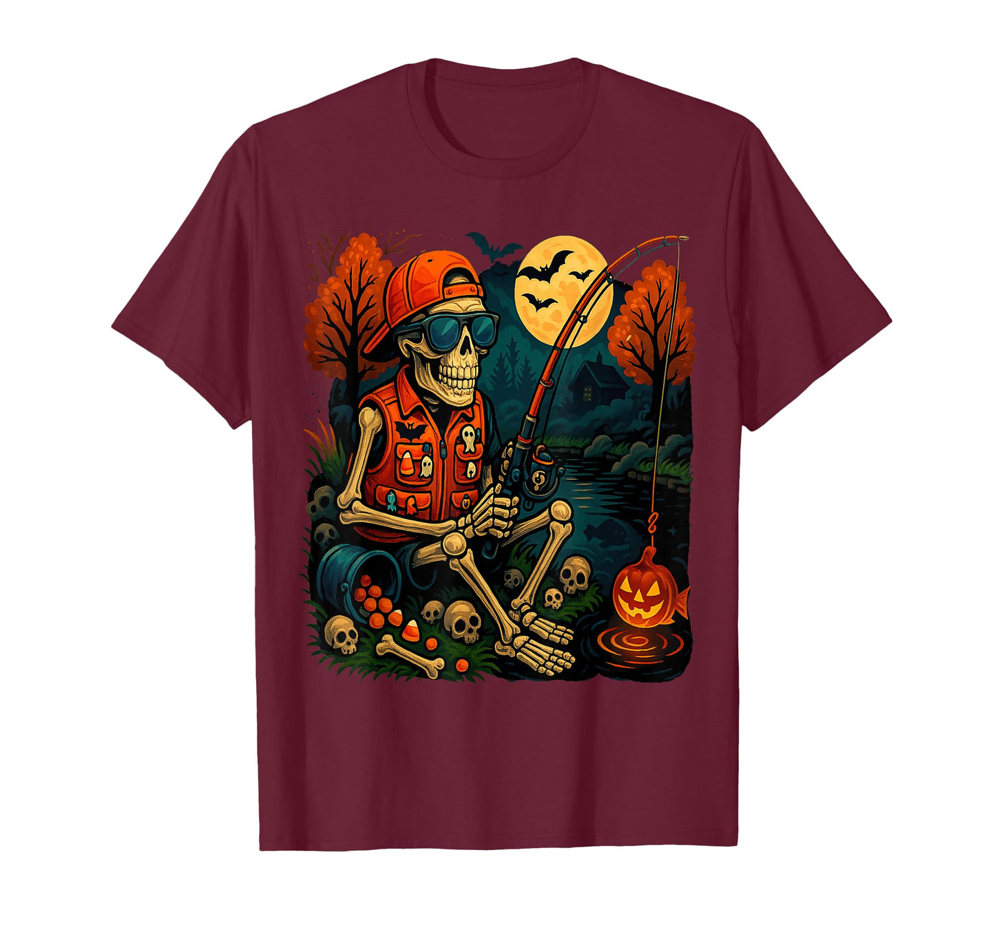 Skeleton Fishing Halloween Costume Funny Fish Men Boys Kids T-Shirt
