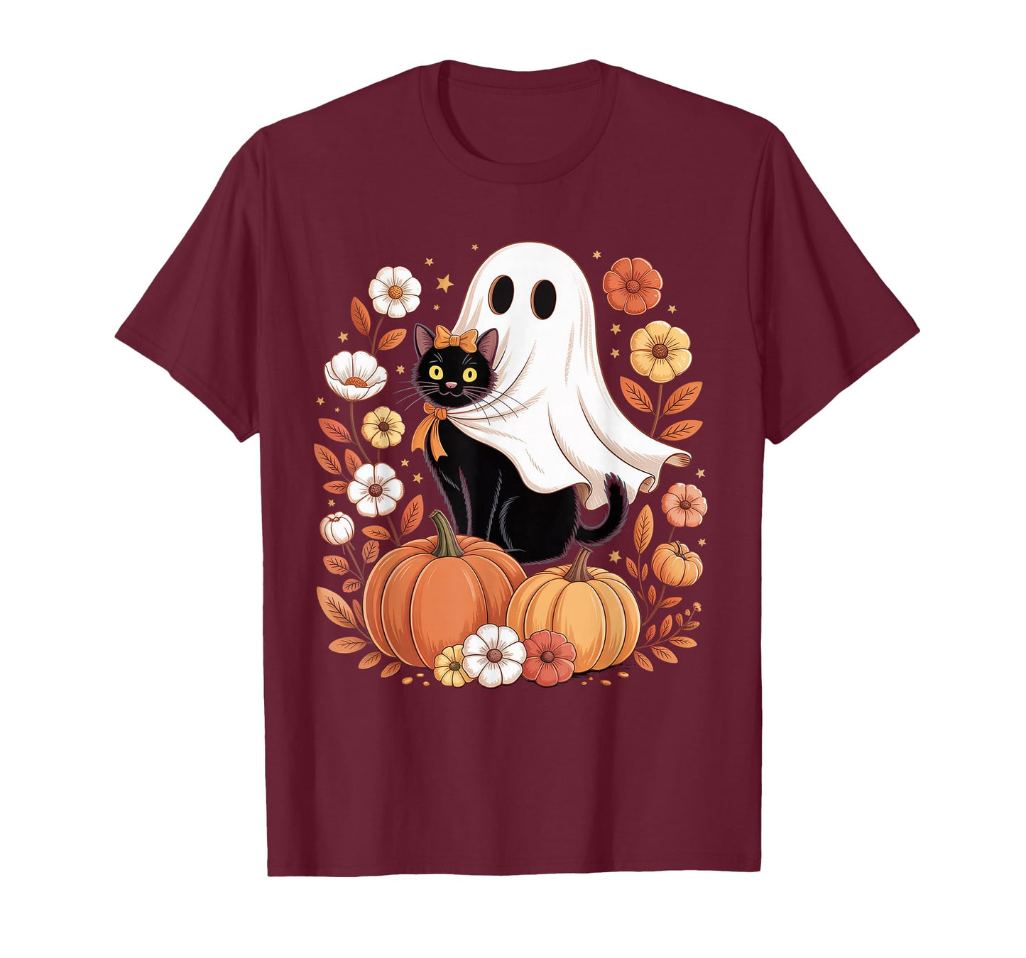 Vintage Black Cat and Ghost with Pumpkins Flowers Halloween T-Shirt