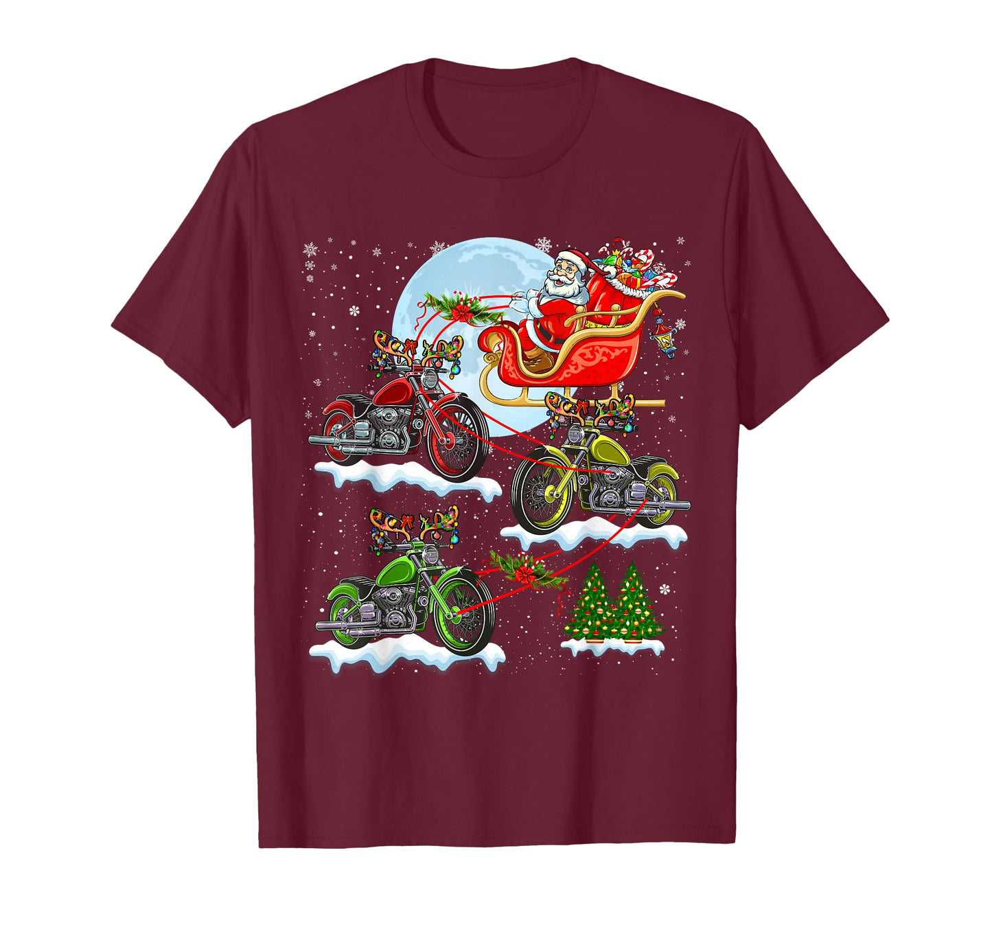 Santa Riding Sleigh Reindeer Motorcycles Xmas Tree Biker T-Shirt