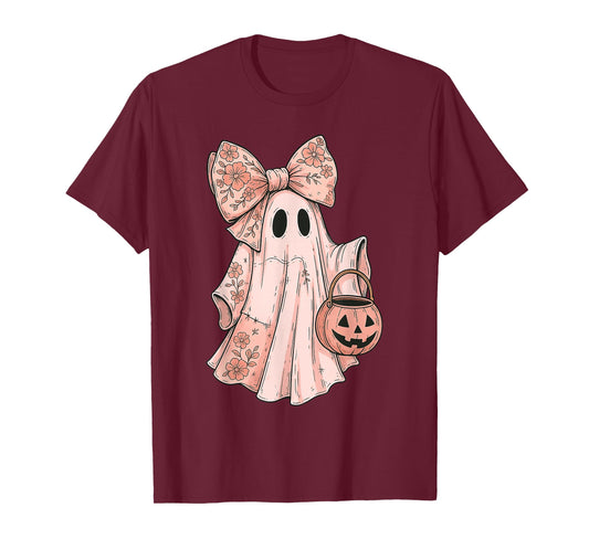 Girly Halloween Pink Denim Floral Pumpkin Preppy Ghost Bow T-Shirt