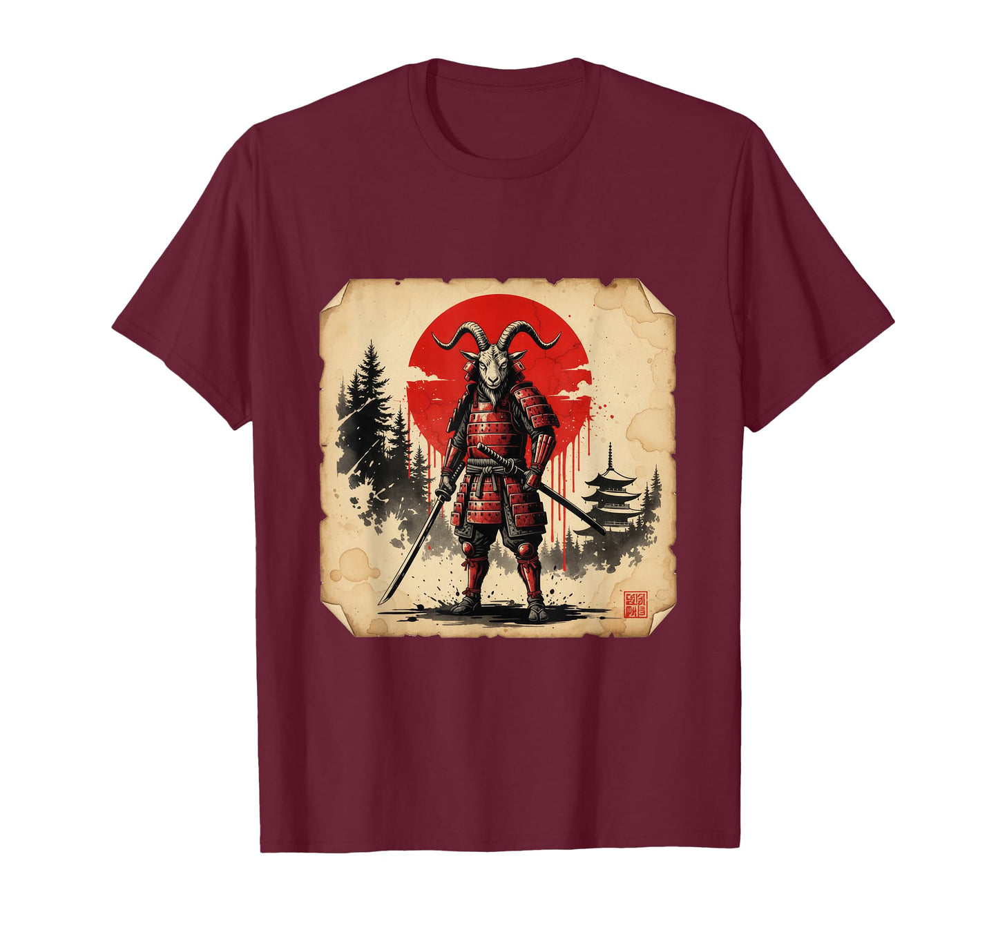 Epic Samurai Goat Japanese Warrior Dark Ink Art T-Shirt