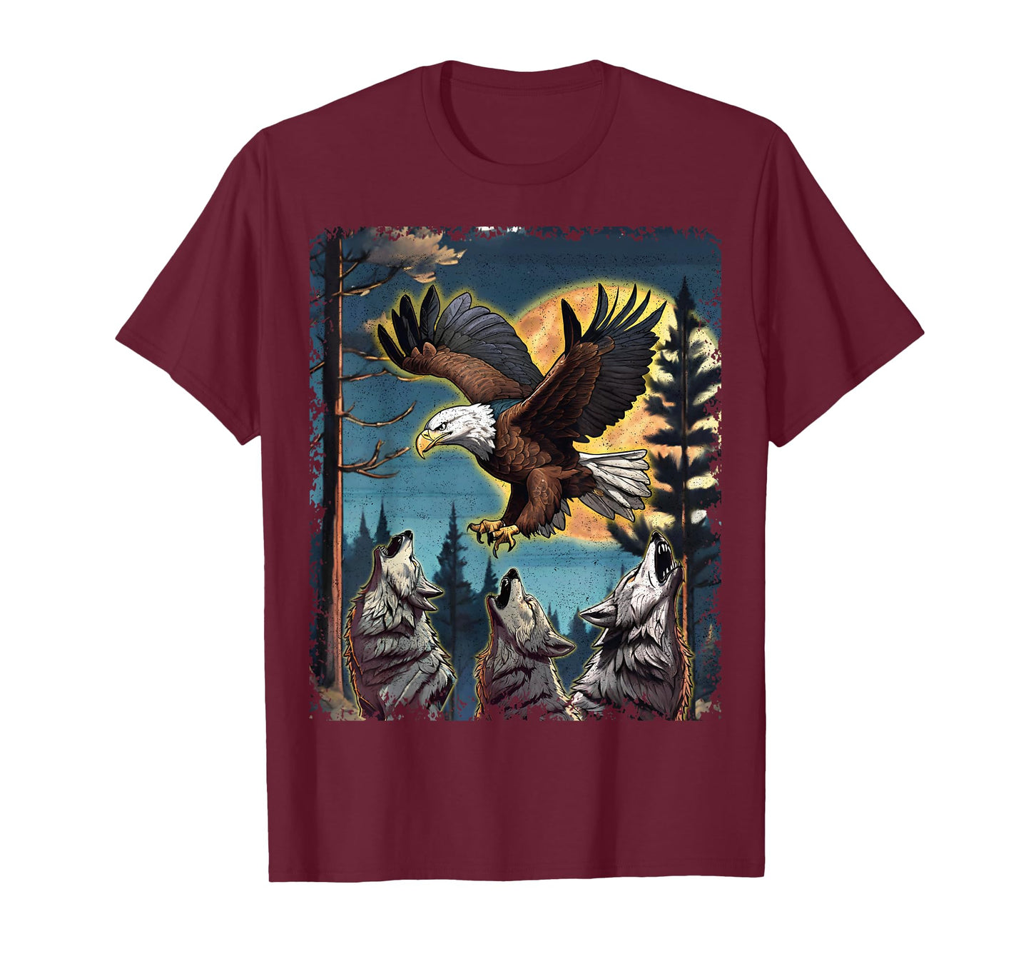 Three Wolves Howling Moon American Bald Eagle Nature Print T-Shirt