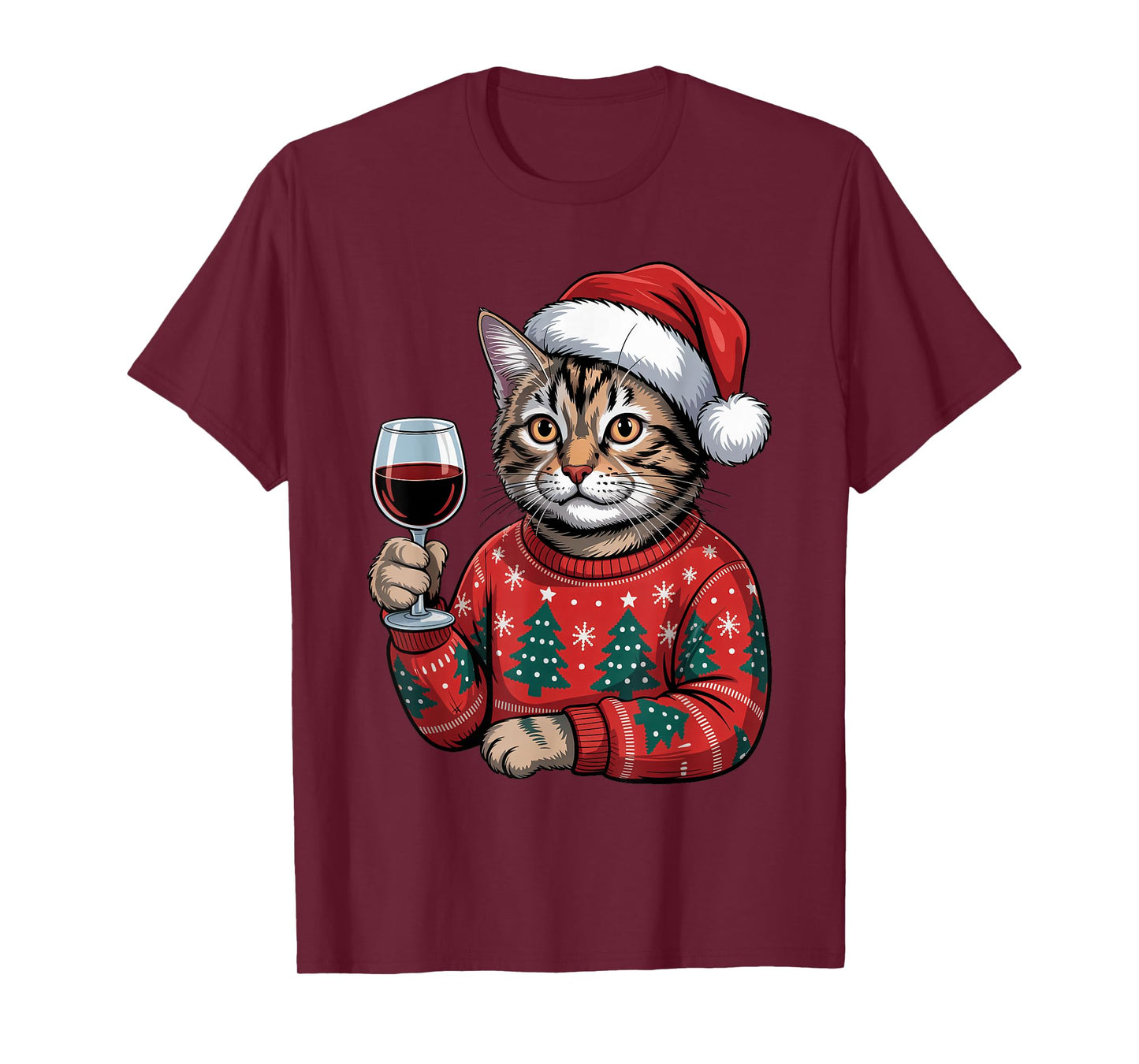 Christmas Santa Cat Drinking Wine Pajama Ugly Xmas Sweater T-Shirt