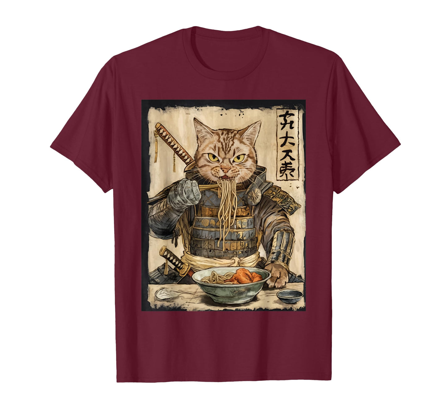 Samurai Cat Loves Ramen Funny Anime Japanese Artwork Samurai T-Shirt