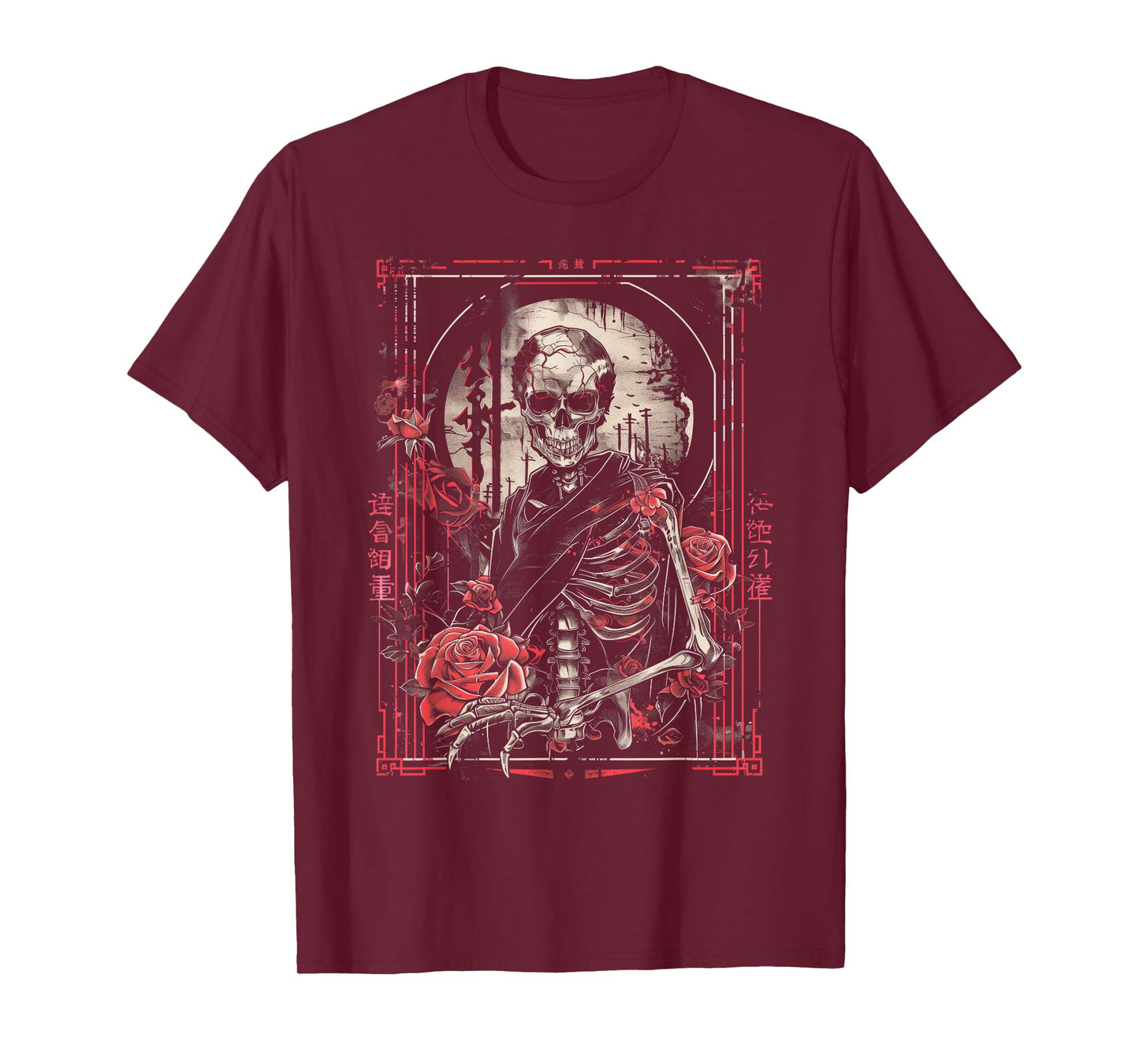 Anime Japanese Goth Cyberpunk City Skeleton Roses Gothic T-Shirt