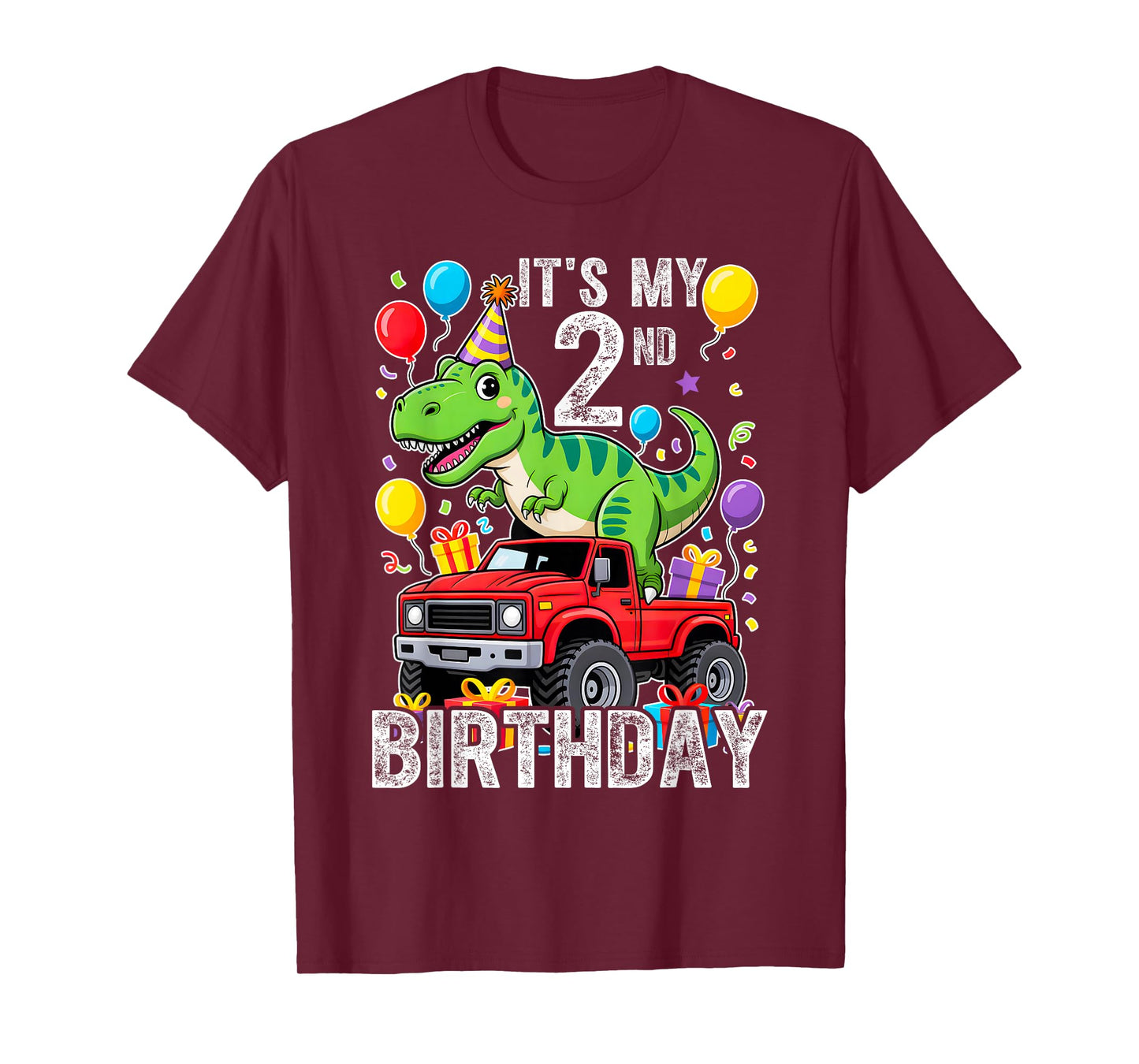 Two 2nd Birthday Dinosaur Monster Truck T-Shirt