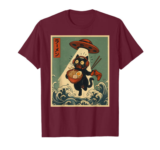 Funny Vintage Japanese Anime Cat Gamer Ramen UFO Gaming T-Shirt