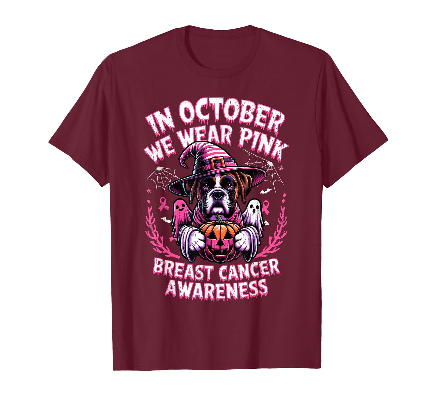 In October We Wear Pink Ghost Boxer Dog Breast Cancer T-Shirt for Men Women Girls Kids