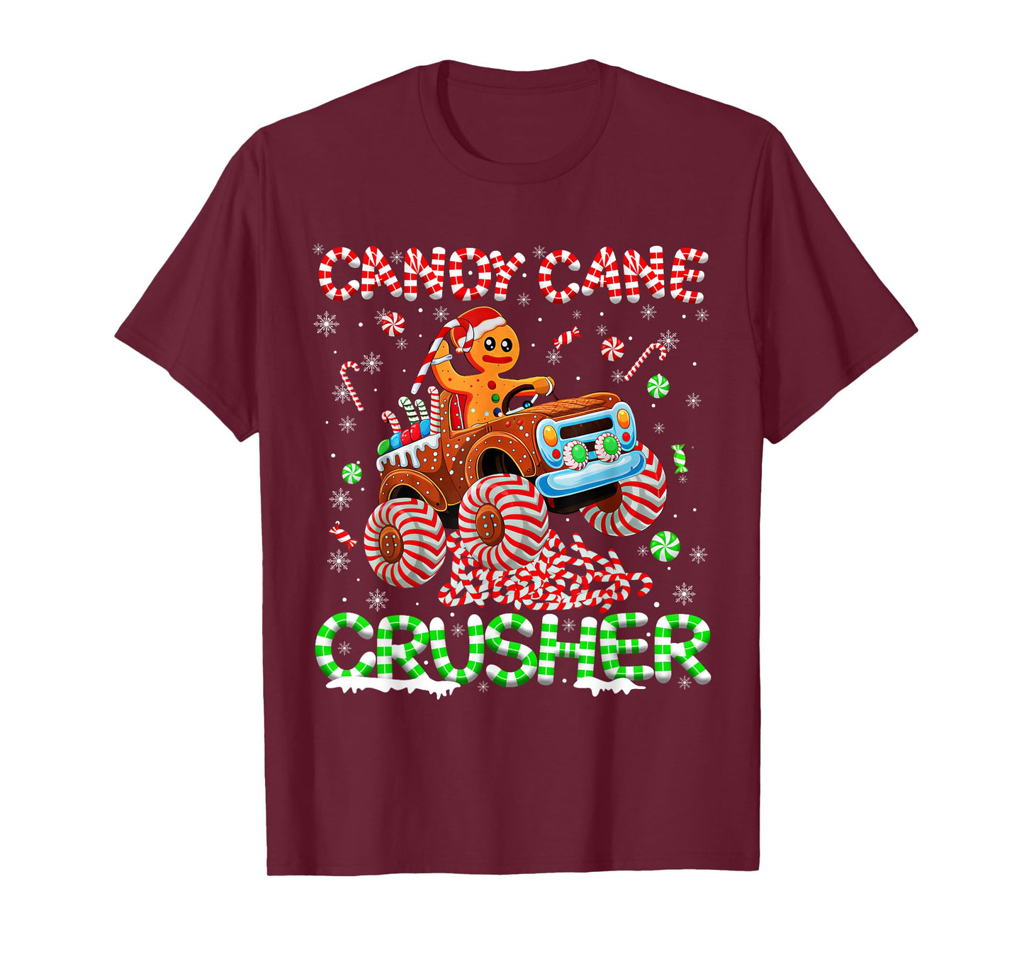 Kids Christmas Gingerbread Candy Cane Crusher Monster Truck T-Shirt