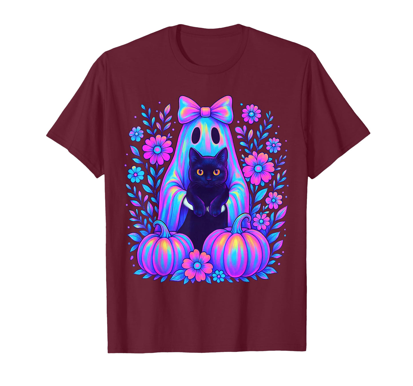 Colorful Halloween Ghost Holding Black Cat Bow Spooky Women T-Shirt