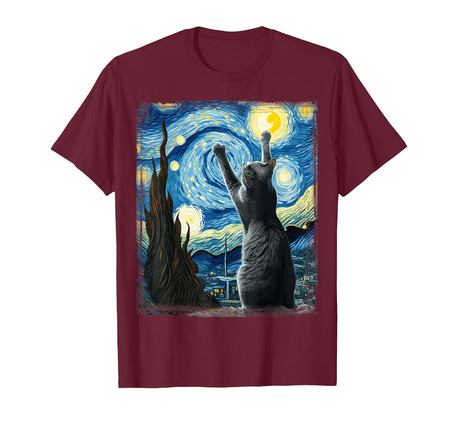 Van Gogh Starry Night Style Artistic Russian Blue Cat T-Shirt