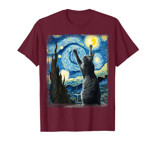 Van Gogh Starry Night Style Artistic Russian Blue Cat T-Shirt