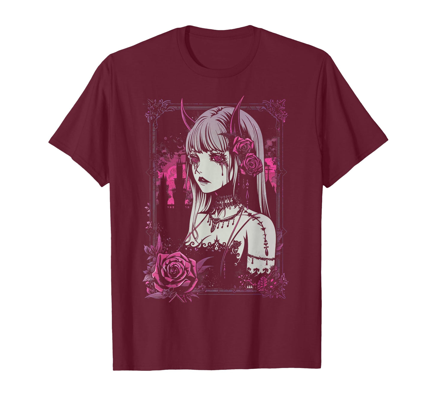 Anime European Goth Castle Sad Kawaii Rose Devil Flowers T-Shirt