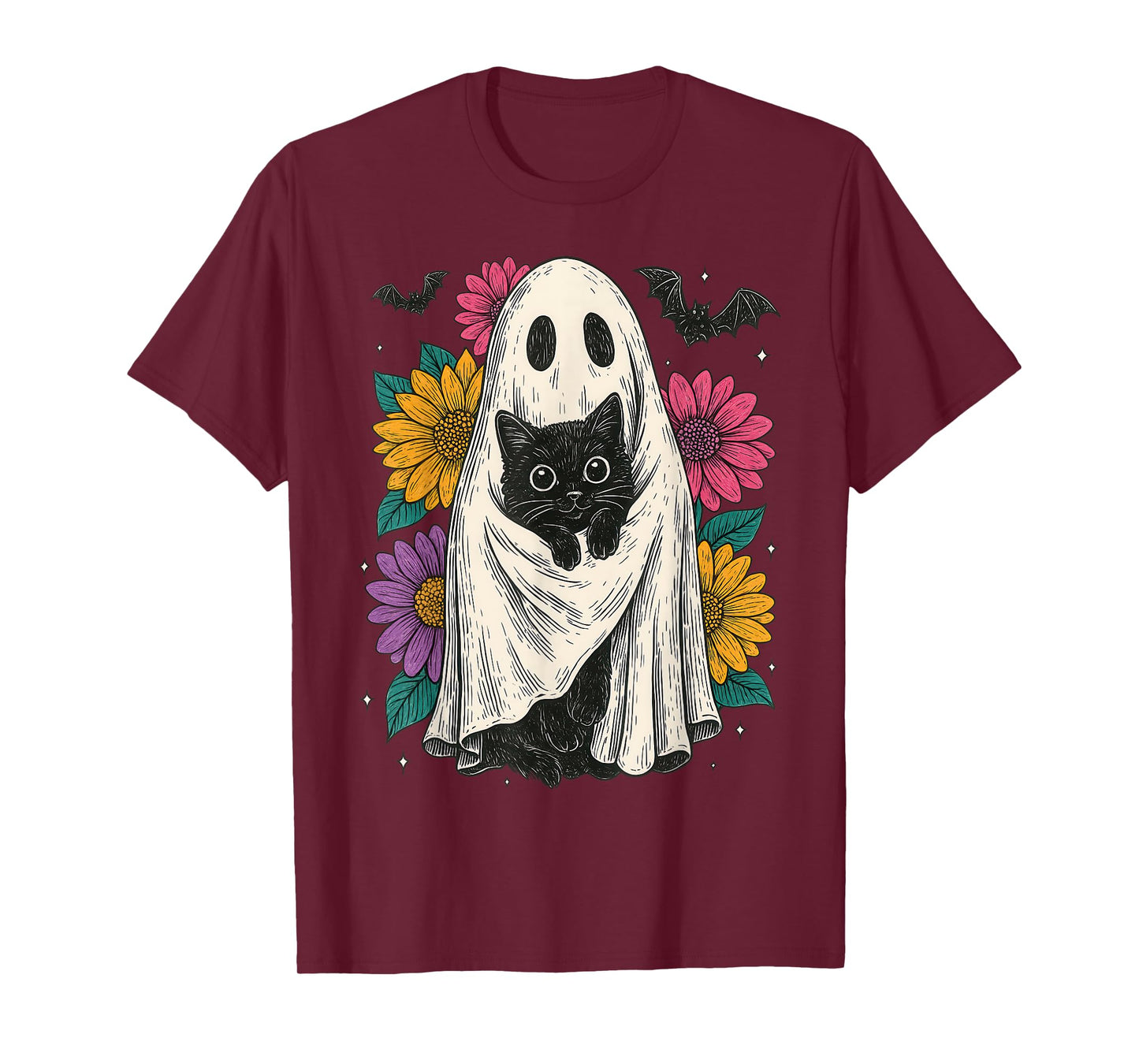 Retro Halloween Ghost and Cat Preppy Floral Halloween T-Shirt