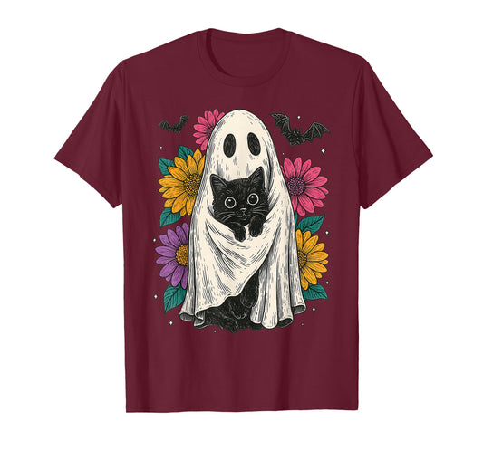 Retro Halloween Ghost and Cat Preppy Floral Halloween T-Shirt