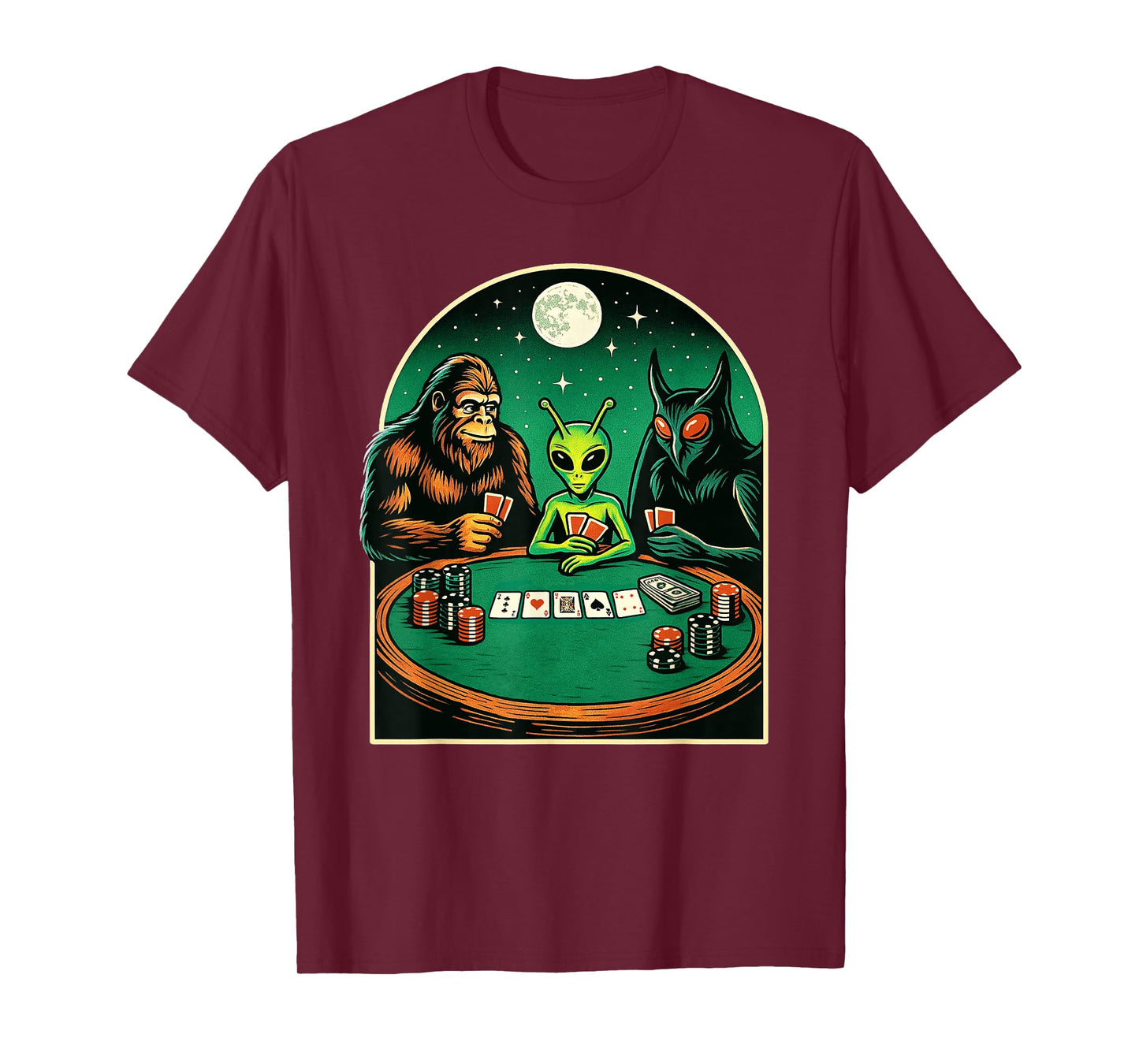 Poker Design Men Women Bigfoot Alien Mothman Playing Poker T-Shirt