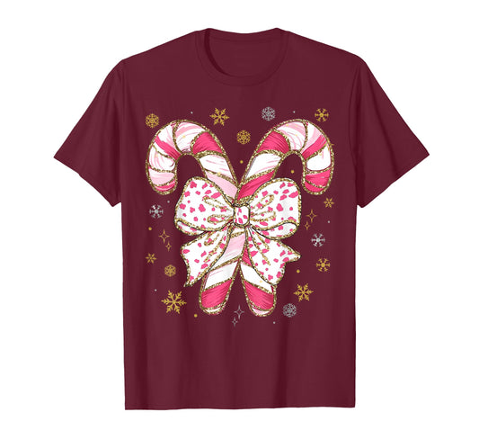 Cute Pink Coquette Bow Candy Cane Christmas Girls Women Kids T-Shirt