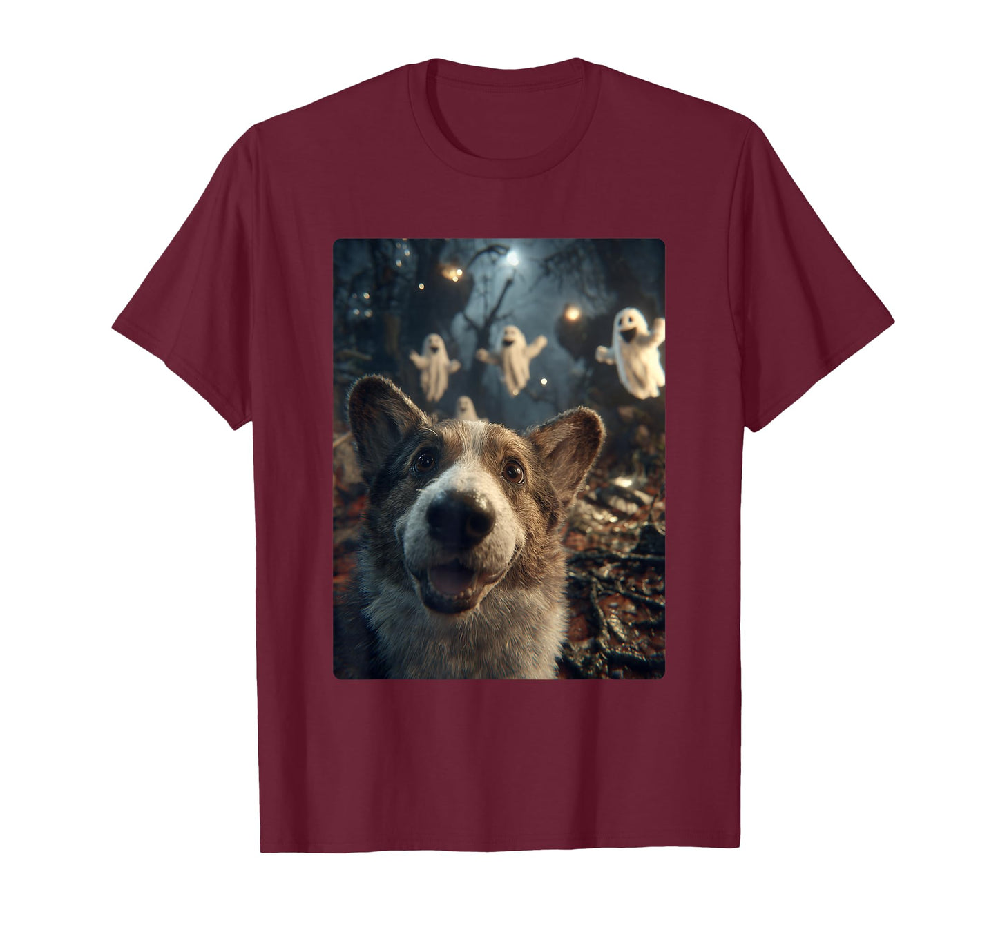 Funny Corgi Selfie with Ghosts Haunted Forest Halloween Dog T-Shirt