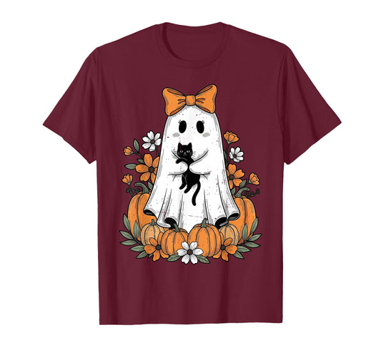 Retro Halloween Cute Ghost Holding Black Cat Floral Pumpkin T-Shirt
