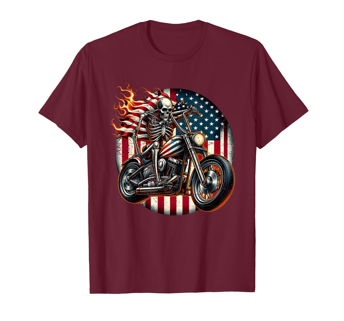 USA Flag Motorcycle Skeleton Biker 4th July American Patriot T-Shirt