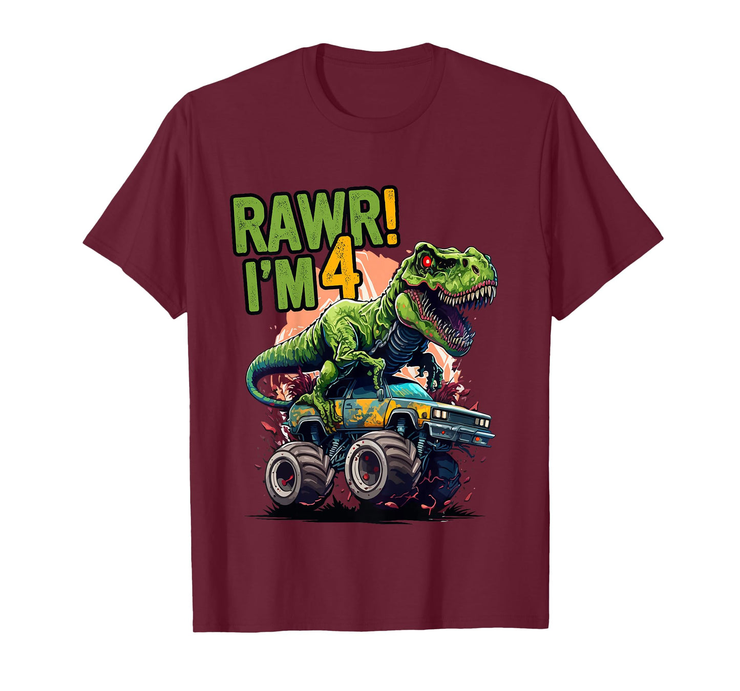 Kids Rawr I'm 4 T Rex 4th birthday Boys Dinosaur Monster Truck T-Shirt