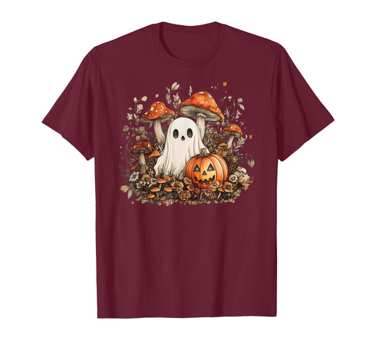 Ghost and Pumpkin Mushroom Garden Cottagecore Halloween Art T-Shirt