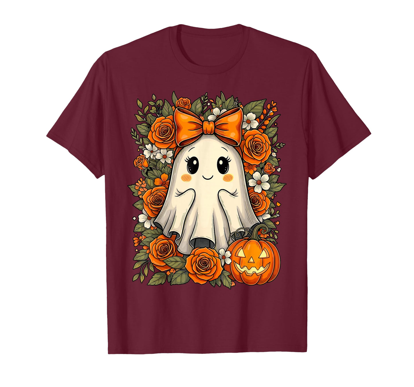 Cute Ghost Pumpkin Floral Halloween T-Shirt