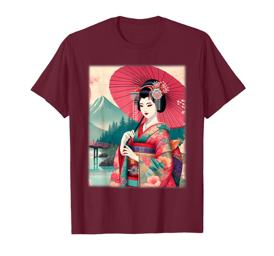Japanese Geisha Shirt Women Traditional Hanami Woodblock Art T-Shirt