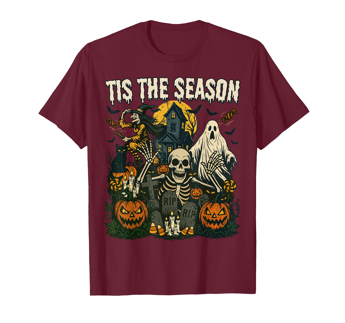 Vintage Tis The Season Halloween Skeleton Ghost Vibes Retro T-Shirt