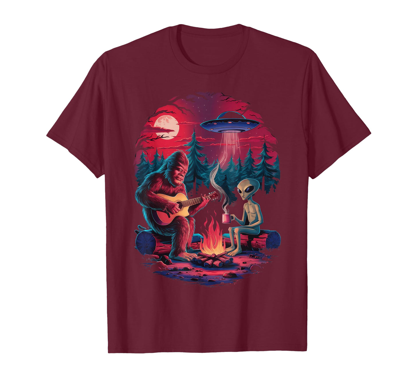 Funny Alien and Bigfoot Campfire Moon UFO Adventure Hiking T-Shirt