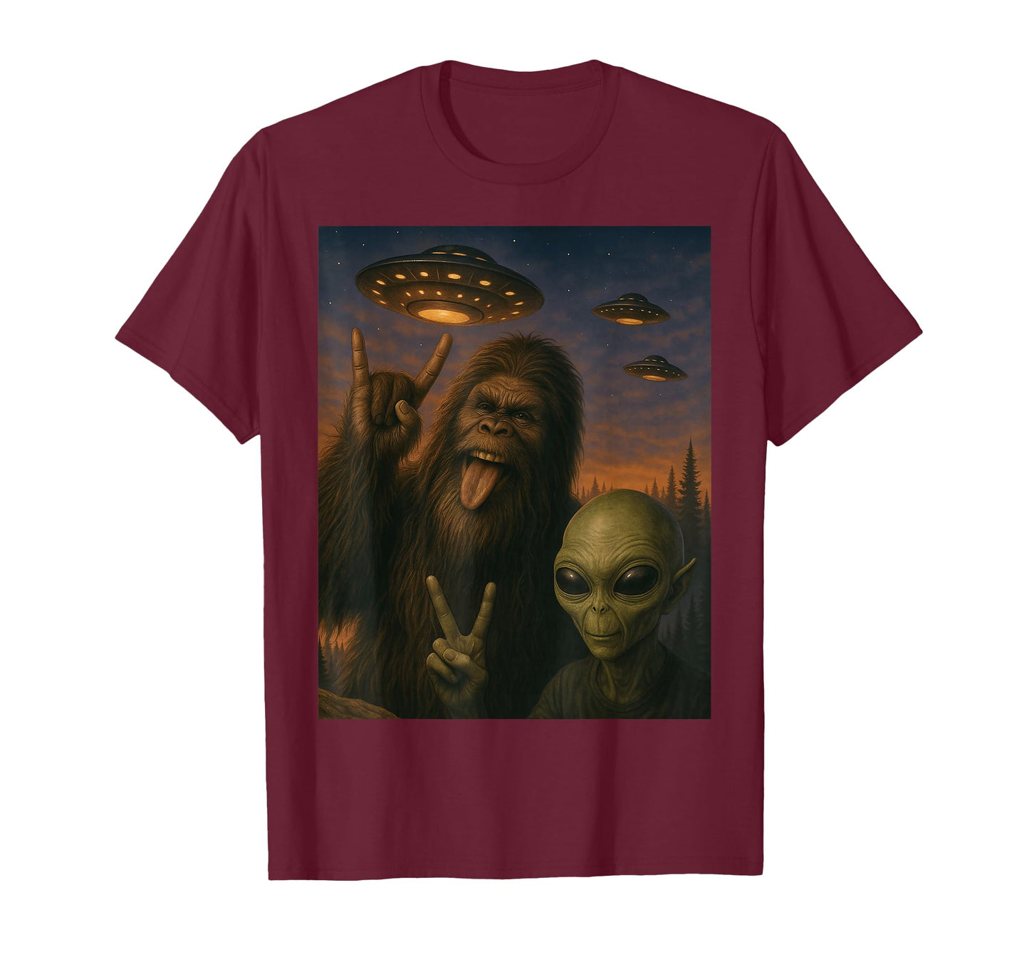 Bigfoot Alien Rock On Selfie UFO Funny Gifts Men Women Kid T-Shirt