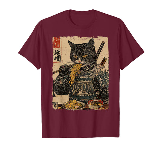 Samurai Cat Loves Ramen Funny Anime Japanese Artwork Samurai T-Shirt