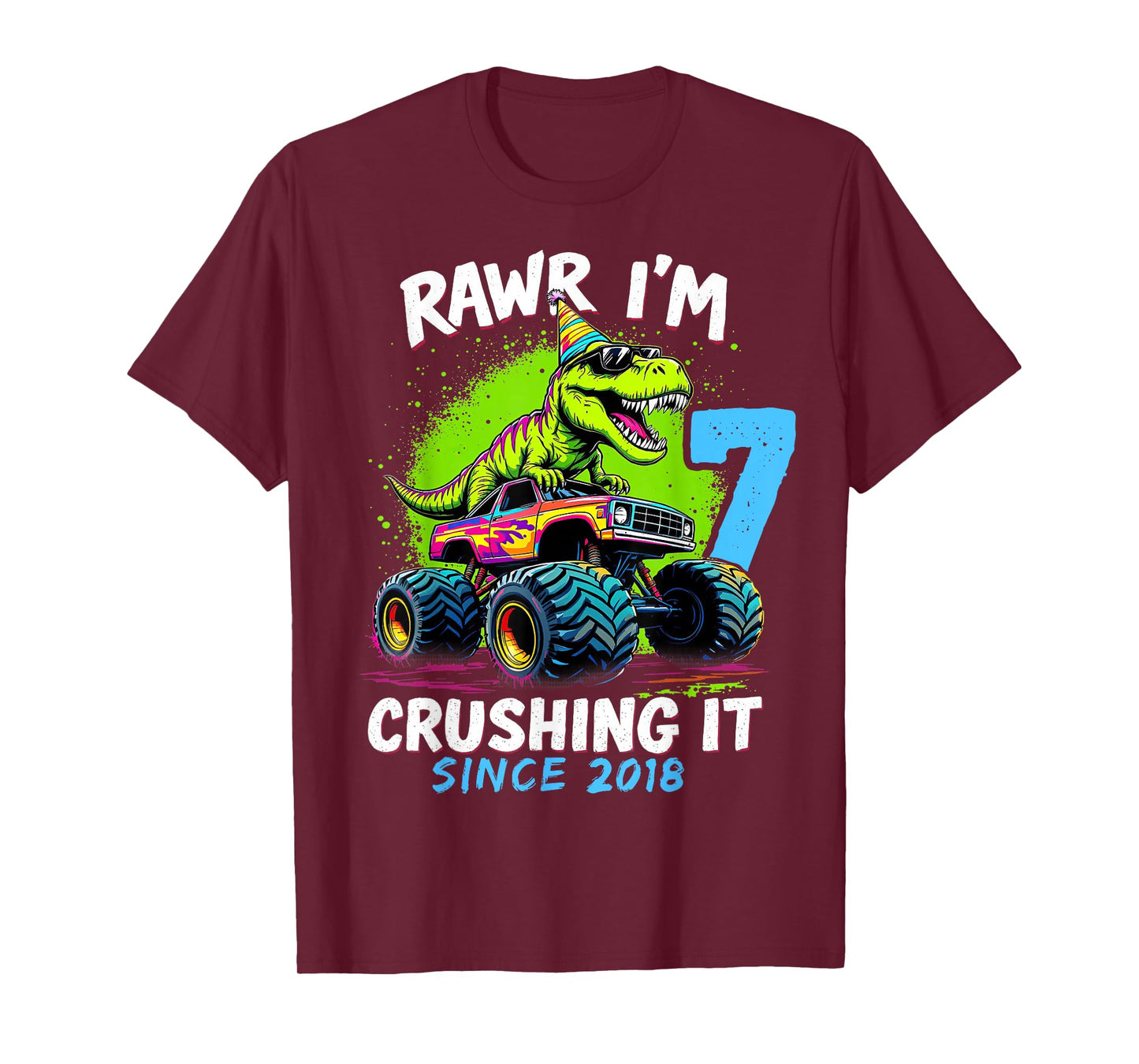 7th Birthday Monster Truck Dinosaur Party Boys Rawr I'm 7 T-Shirt