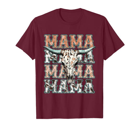 Mama Western Retro Groovy Cow Skull Country Rodeo Mother Day T-Shirt