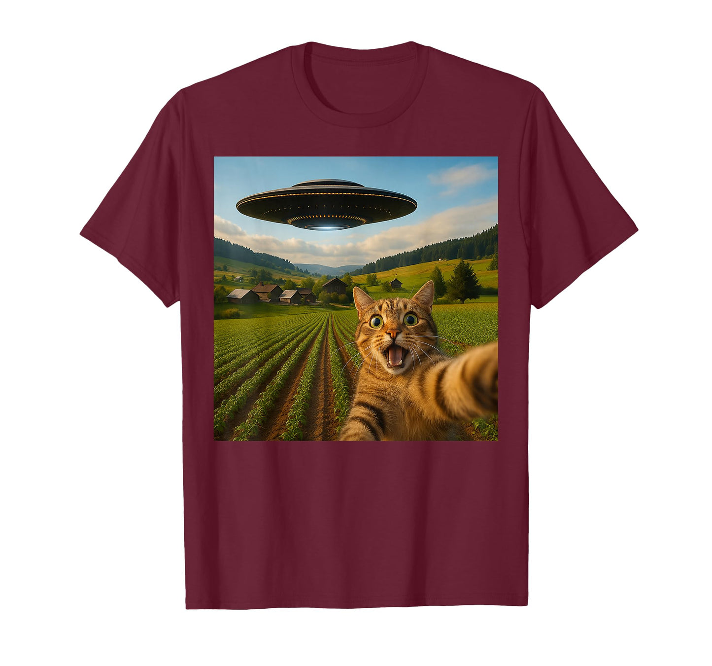 Funny Cat Selfie with Alien UFO for Men Women Kid T-Shirt