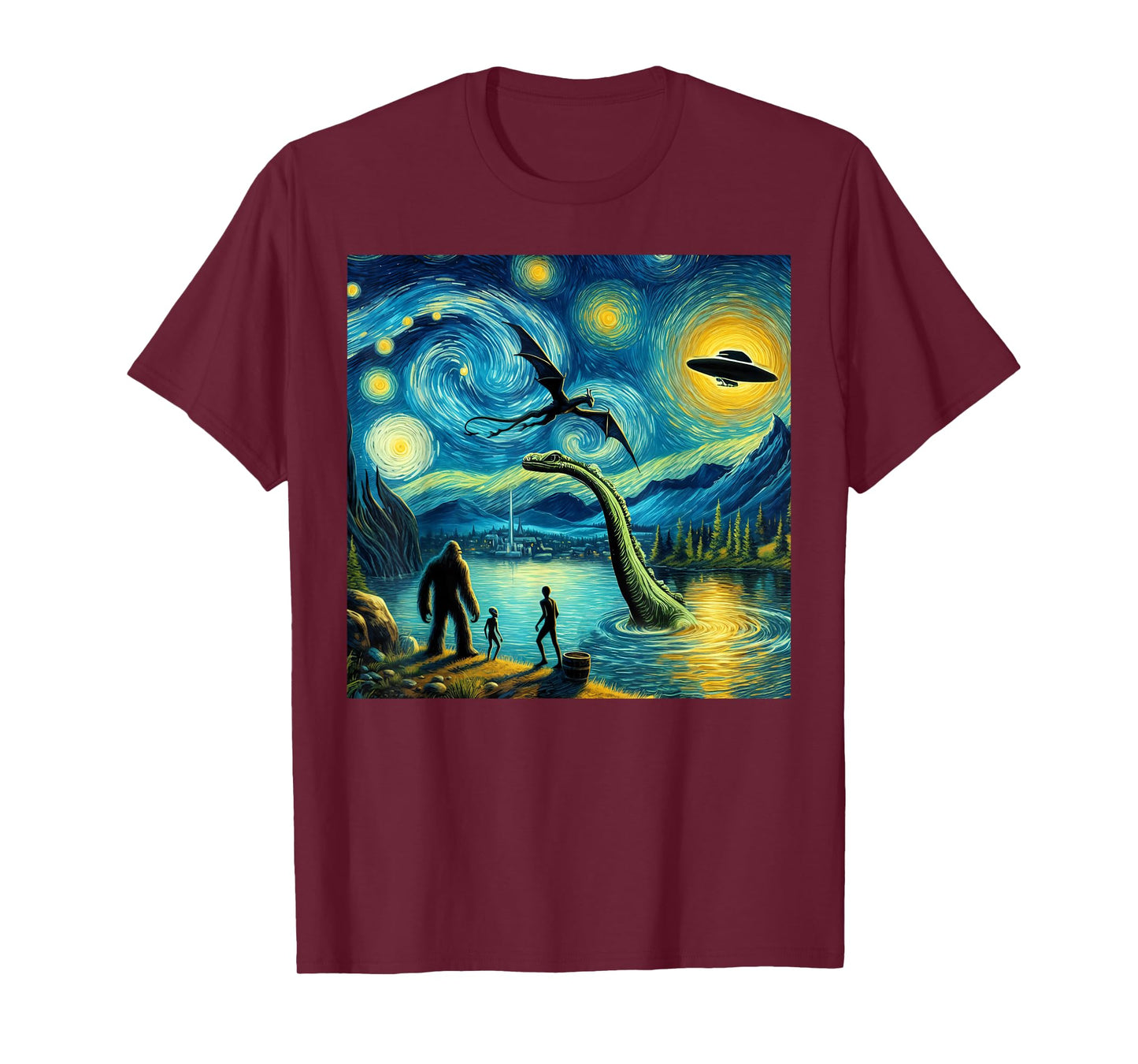 bigfoot starry night loch Ness alien UFO dragon cute lake T-Shirt