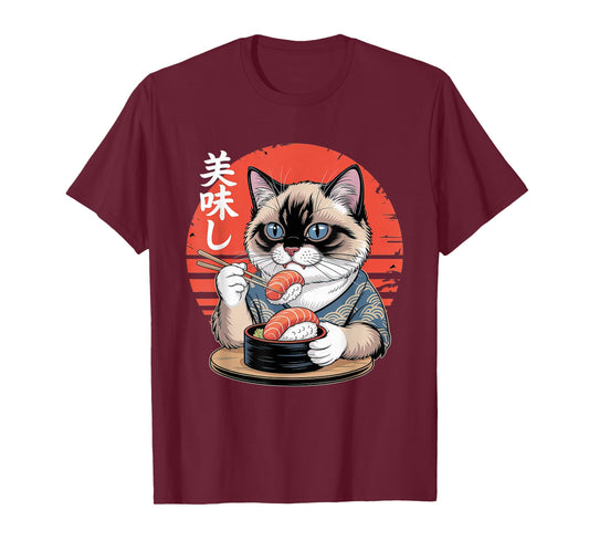 Japanese Siamese Cat Eating Sushi Kawaii Anime Cat T-Shirt