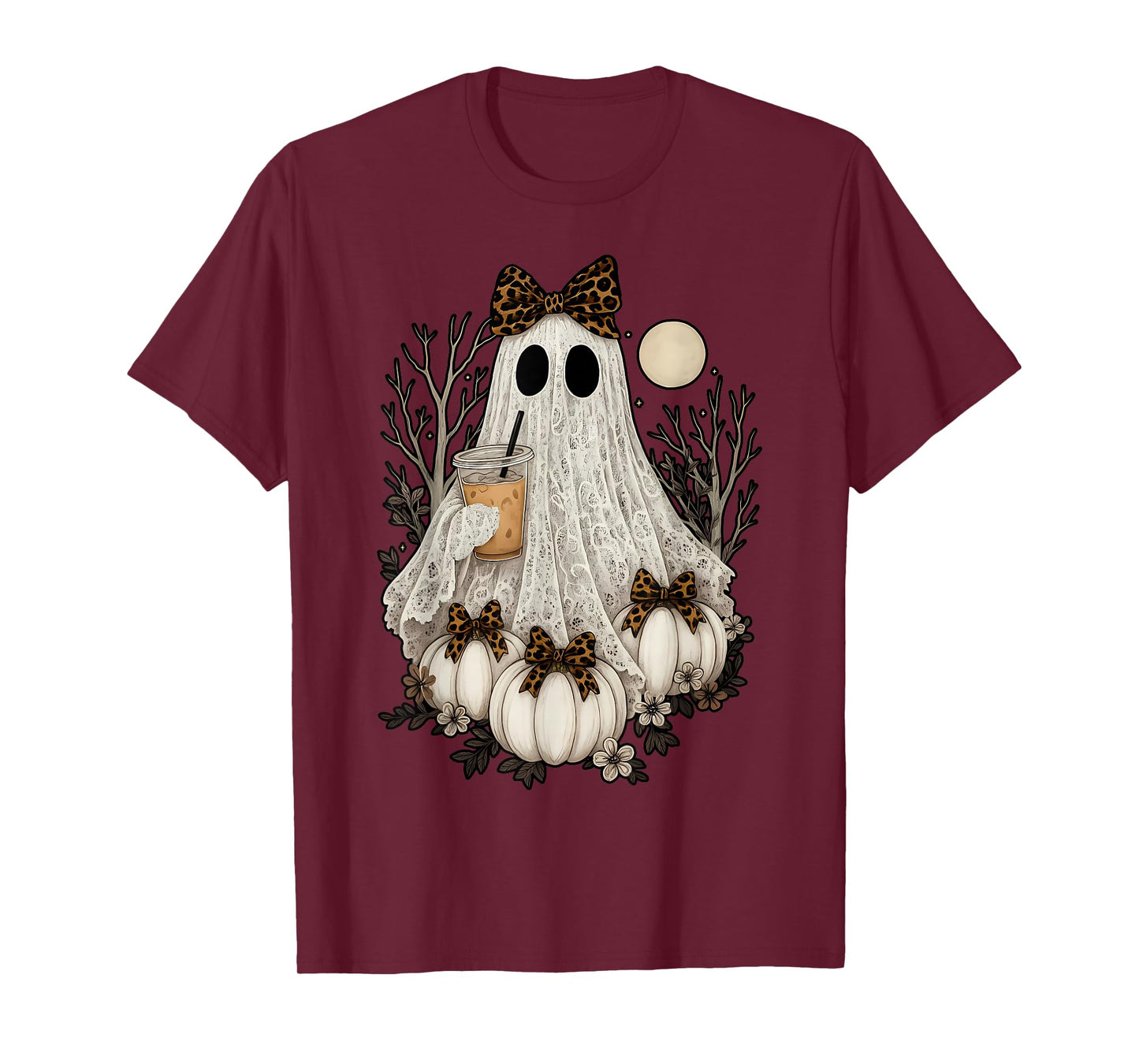 Ghost Coffee Pumpkin Coquette Bow Leopard Halloween Spooky T-Shirt